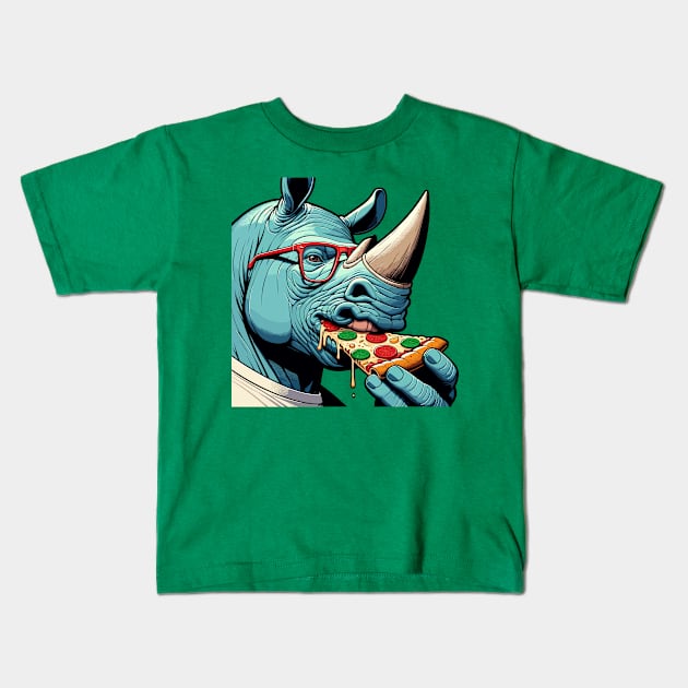 Blue rhino enjoy eating pizza Kids T-Shirt by TimeWarpWildlife